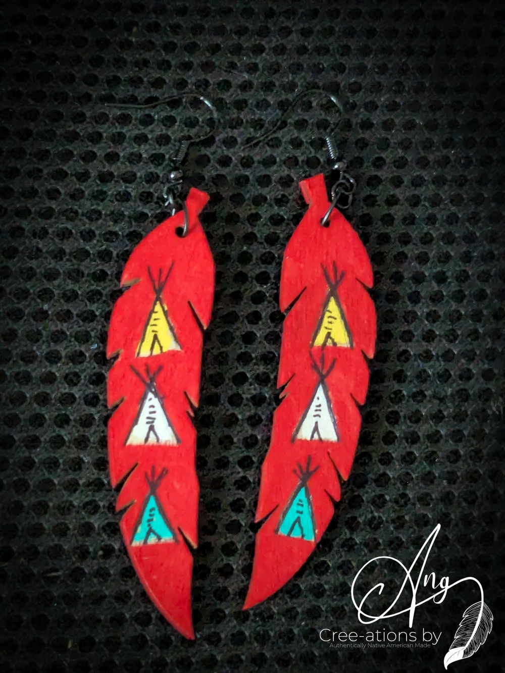 Authentic Indigenous Hand-painted Red Wooden Feather Earrings w/ Colorful Tipis